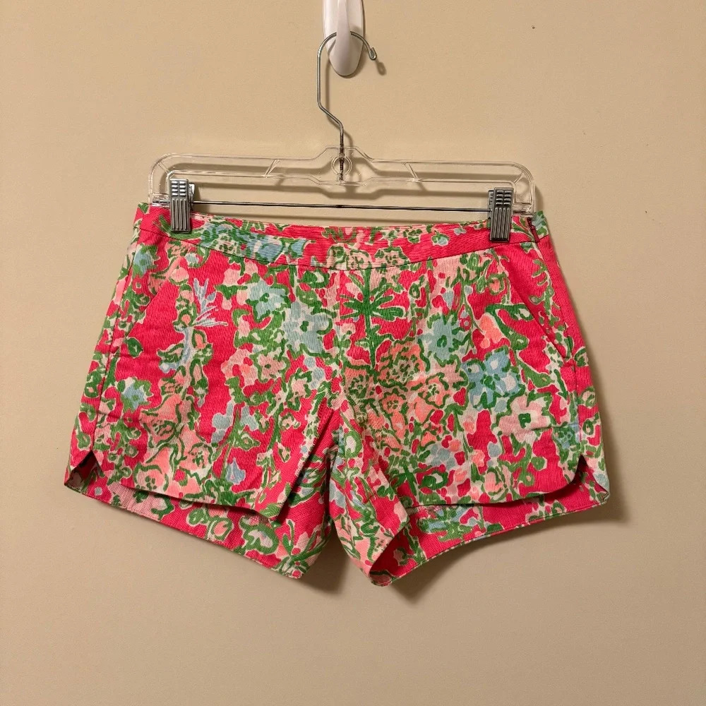 Lilly Pulitzer Sz 0 Adie Shorts Flamingo Pink Southern Charm 100% Cotton w Zip - Picture 2 of 4